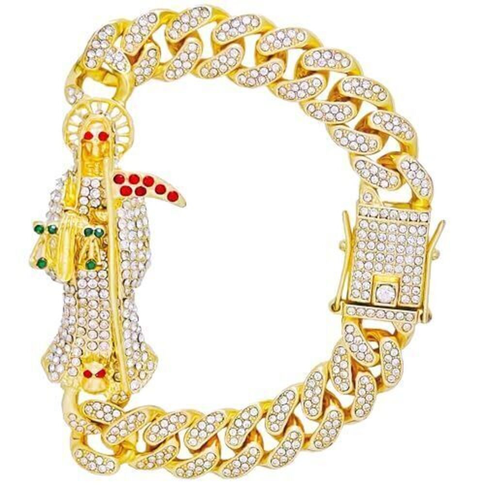 6934 La Santa Muerte Protection Bracelet, 18K Gold Plated, Crystal
